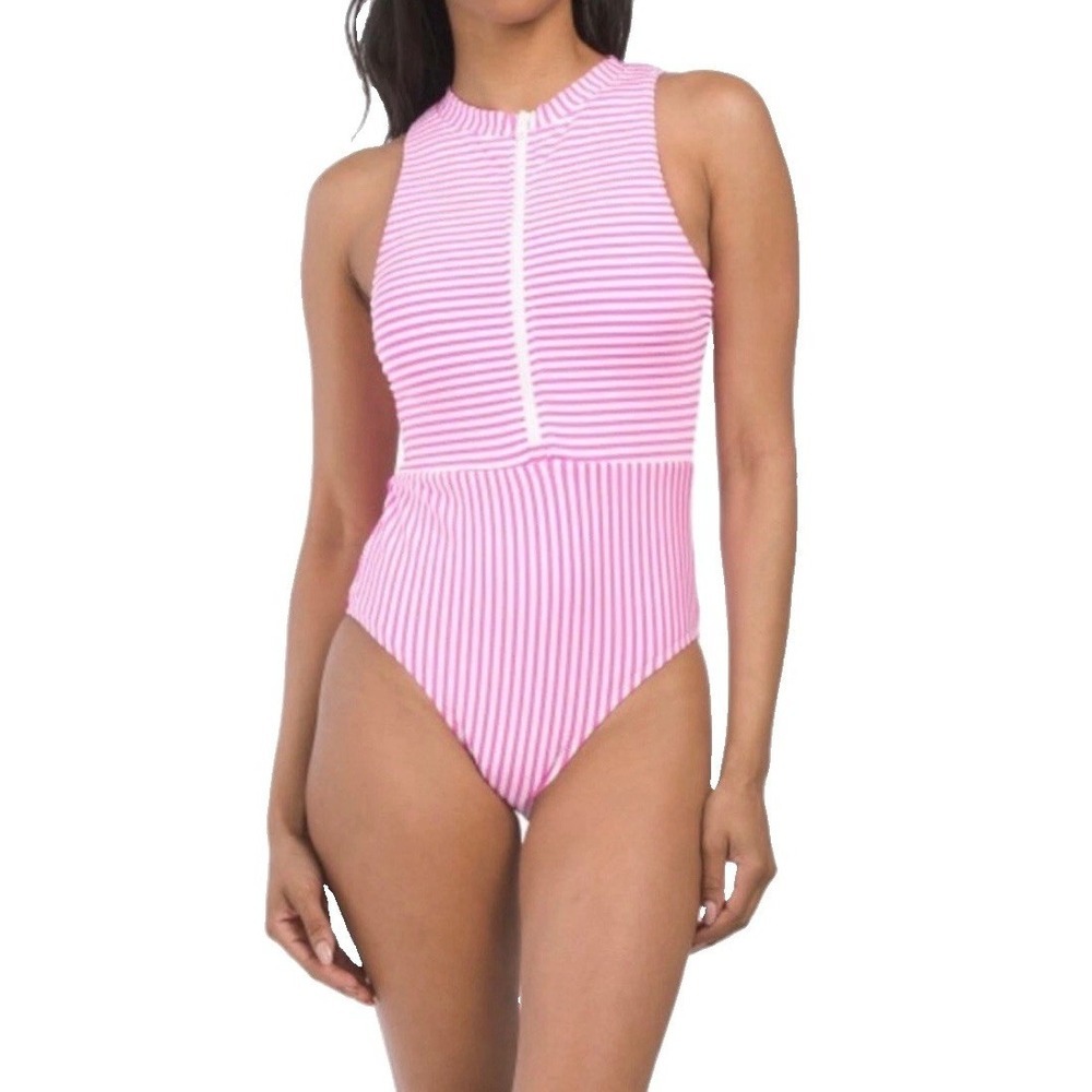NWOT Splendid Zip Front One Piece Swimsuit S Hot Pink White Stripe Bond Girl
